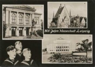 800 Jahre Messestadt Leipzig : das neue Gewandhaus mit dem Mendelssohn-Denkmal, Thomaskirche, Opernhaus am Karl-Marx-Platz