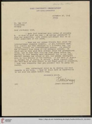 Briefe von Frank Schlesinger an Max Wolf: Brief von Frank Schlesinger von Yale University. Observatory an Max Wolf