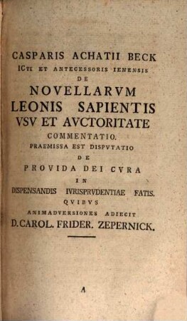 Caspar Achatii Beck De Novellis Leonis Augusti et philosophi earumque usu et auctoritate liber singularis