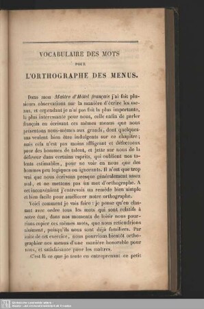 Vocabulaire des mots pour l'orthographe des menus