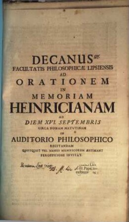 Decanus Facultatis Philosophicae Lipsiensis ad orationem in memoriam Heinricianam a. d. XVI. Sept. ... recitandam ... invitat : [insunt aliqua de Veterum lino vivo]