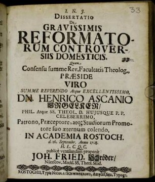 Dissertatio De Gravissimis Reformatorum Controversiis Domesticis