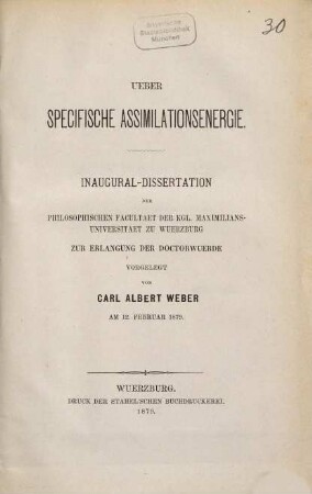 Ueber specifische Assimilationsenergie : Inaugural-Dissertation