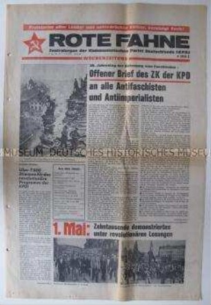 Linksradikale Wochenzeitung "ROITE FAHNE" u.a. mit offenem Brief des ZK der KPD zum 30. Jahrestag der Befreiung vom Faschismus