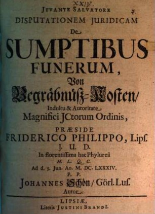 Disputationem juridicam de sumptibus funerum : = Von Begräbnüss-Kosten