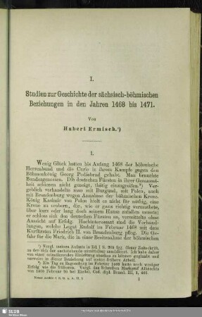 I. Studien zur Geschichte der sächsisch-böhmischen Beziehungen in den Jahren 1468 bis 1471