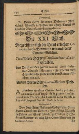 Die XXI. Claß. Begreifft in sich die Titul etlicher General-Accis-Beamte / wie auch derer Cammer-Bestalten