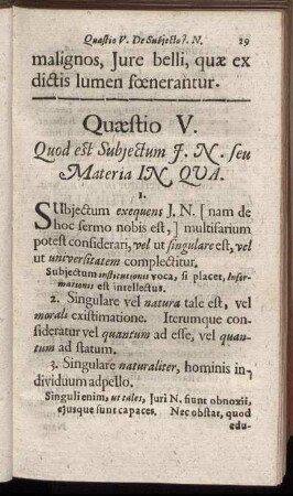 Quæstio V. Quod est Subjectum J. N. seu Materia In Qua.