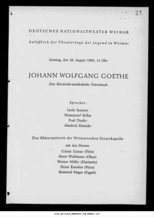 Johann Wolfgang Goethe Eine literarisch-musikalische Feierstunde