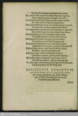 Epicedium Scriptum Reverendo Viro Eruditione & virtute praestanti, D. Petro Plateano, Pastori Ecclesiae Die in veteri urbe Saxoniae Ascania
