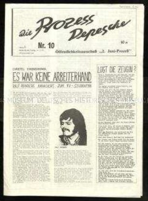 Linksgerichtete Zeitung zum Lorenz-Drenkmann-Prozess gegen Mitglieder der Bewegung 2. Juni, Jg. 1, Nr. 10, 6. Oktober 1978, mit der Titelstory Christel v. Drenckmann: Es war keine Arbeiterhand. Ralf Reinders avanciert zum FU-Studenten