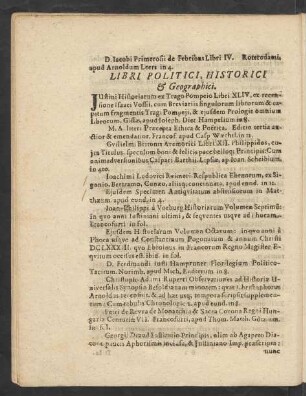 Libri Politici, Historici & Geographici.