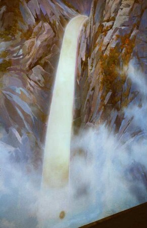 Detail eines Wandgemäldes mit Darstellung eines Wasserfalls in einer Gebirgslandschaft