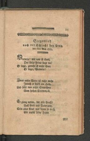 Siegeslied nach der Schlacht bey Prag, den 6ten May 1757.
