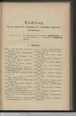 Nachtrag über die während der Drucklegung des Adressbuches eingetretenen Veränderungen