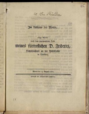 Im Anschaun des Monds, einige Abende nach dem unerwarteten Tode meines fürtrefflichen D. Friderici, Hauptpastors an der Petrikirche in Hamburg : Altona den 14. August 1777.