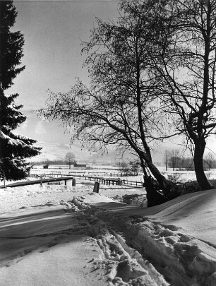 Winterbilder. Landschaft mit Koppelzäunen und Feldscheune im Schnee