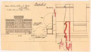Wohnhaus J. Schaub, Emsdetten: Truhensitz an der Treppe in der Diele, Ansicht, Schnitt 1:20, Detail