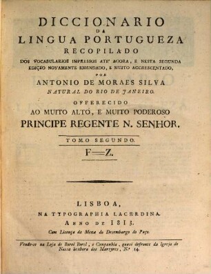 Diccionario da lingua Portugueza. 2, F - Z
