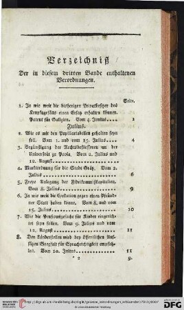 Verzeichniß der in diesem dritten Bande enthaltenen Verordnungen