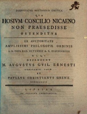 Disp. hist. crit. qua Hosium concilio Nicaeno non praesedisse ostenditur