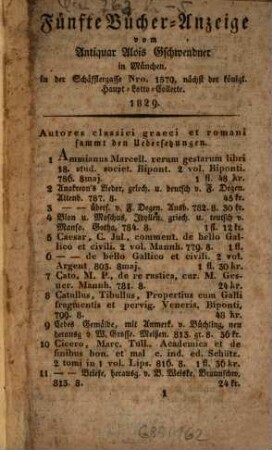 Bücher-Anzeige vom Antiquar Alois Gschwendner in München. 5. 1829