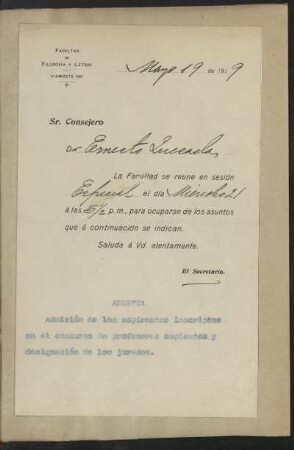 [Einladung zu einer Sondersitzung der Facultad de Filosofía y Letras der Universidad de Buenos Aires am 21. Mai 1919]