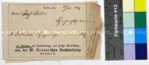 Buchbestellzettel des Geologen Carl Ritter bei der W. Besserschen Buchhandlung in Berlin