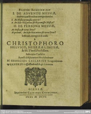 Elenchi Judaeorum Duo, I. De Adventu Messiae, II. De Persona Messiae