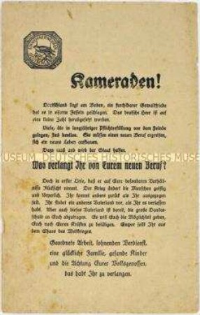 Propagandaschrift mit dem Aufruf zur Bildung von Einwohnerwehren für den Kampf gegen die revolutionäre Arbeiterbewegung