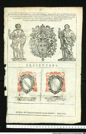 Insignia, nomina, cognomina, dignitates eminent. Cardinalium a SS. Innocentio Papa XII. creatorum 1699