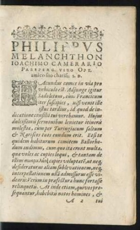 Philippus Melanchthon Ioachimo Camerario ... S. D.