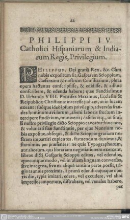 Philippi IV. Catholici Hispaniarum & Indiarum Regis, Privilegium
