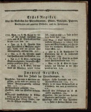 Erstes Register, über die Rubriken der Verordnungen, Edicte, Rescripte, Patente, Ausschreiben und gemeinen Bescheide; nach der Zeitordnung.