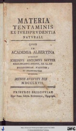 Materia Tentaminis Ex Ivrisprvdentia Natvrali