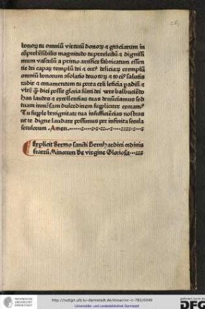 Explicit sermo sancti Bernhardini ordinis fratrum Minorum de virgine gloriosa.