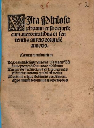 Vita philosophorum et poetarum : cum auctoritatibus et sententiis aureis eorundem annexis