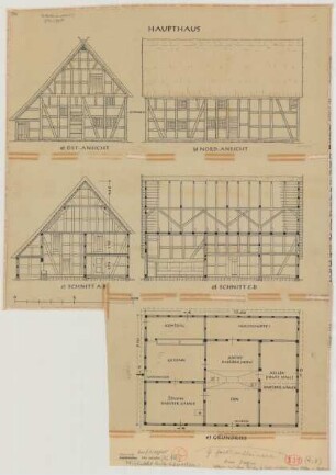 Littfeld bei Krombach (Kreis Siegen): Hof Nr. 123. Haupthaus (Grundriss, Ansichten, Schnitte)