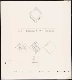 Moritzplatz, Berlin-Kreuzberg Schinkelwettbewerb 1983: Gebäude 1: Grundrisse, Ansicht, perspektivische Ansicht