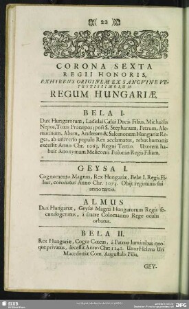 Corona Sexta Regii Honoris, Exhibens Originem Ex Sanguine vetustissimorum Regum Hungariae