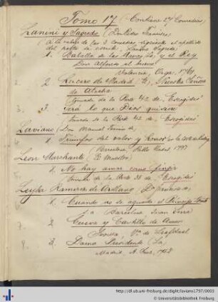 Handschriftliches Inhaltverzeichnis des Bandes