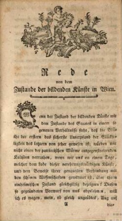 Prosen und Gedichte über die bildenden Künste : Von den Hörnern der schönen Wissenschaften im ersten Jahr öffentlich abgelesen am k. k. Theresiano den 4ten des Monats August 1772