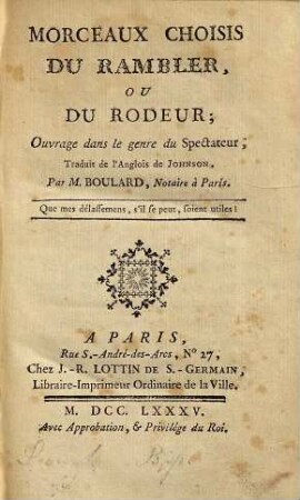 Morceaux Choisis Du Rambler Ou Du Rôdeur : Ouvrage dans le genre du Spectateur