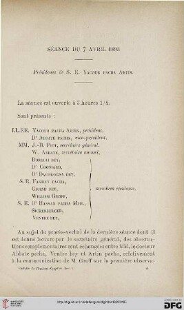 Séance du 7 avril 1893: présidence de S. E. Yacoub Pacha Artin