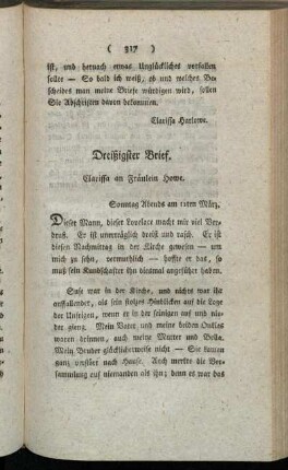 Dreißigster Brief. Clarissa an Fräulein Howe. - Ein und dreißigster Brief. Herr Lovelace an Johann Belford Esq.