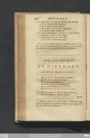 A Mr. Le Marquis De Miremont. Stances Irregulieres.