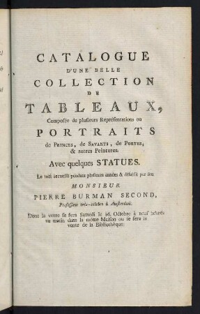 1-6, Catalogue d'une belle Collection de Tableaux, ...