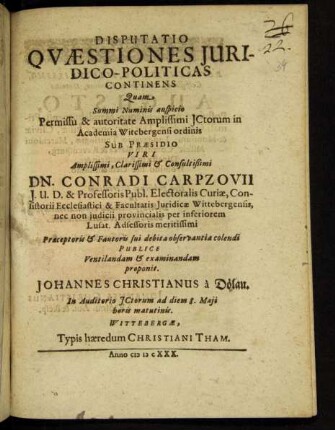 Disputatio Quaestiones Iuridico-Politicas Continens