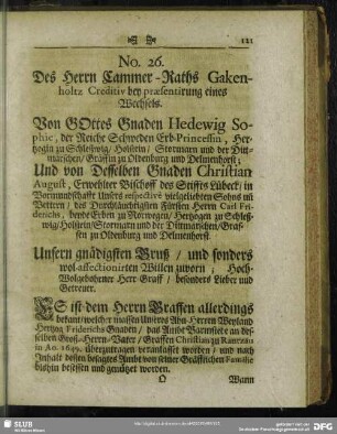 No. 26. Des Herrn Cammer-Raths Gakenholtz Creditiv bey praesentirung eines Wechsels
