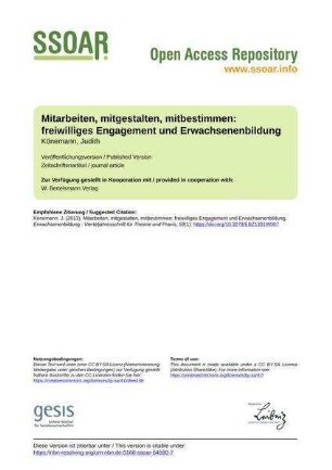 Mitarbeiten, mitgestalten, mitbestimmen: freiwilliges Engagement und Erwachsenenbildung